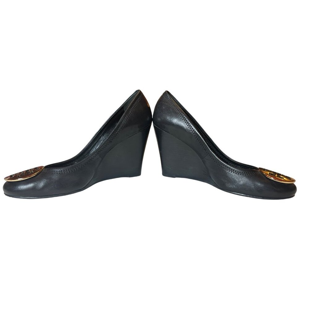 Tory Burch “Sophie” Black Buttery Soft Leather Wedge Pumps Gold Logo Size 10 M - Picture 9 of 9